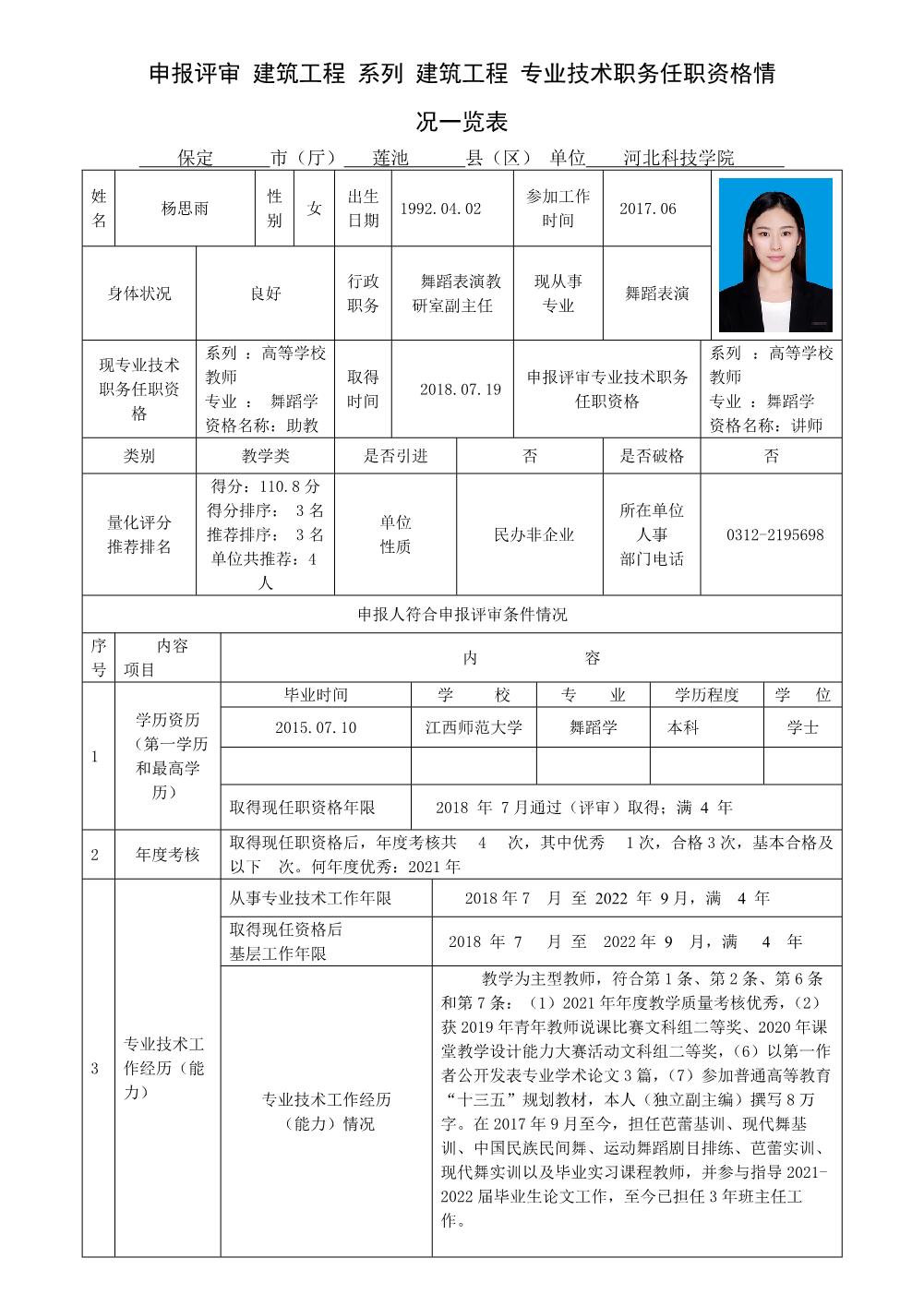 杨思雨2022年任职资格情况一览表